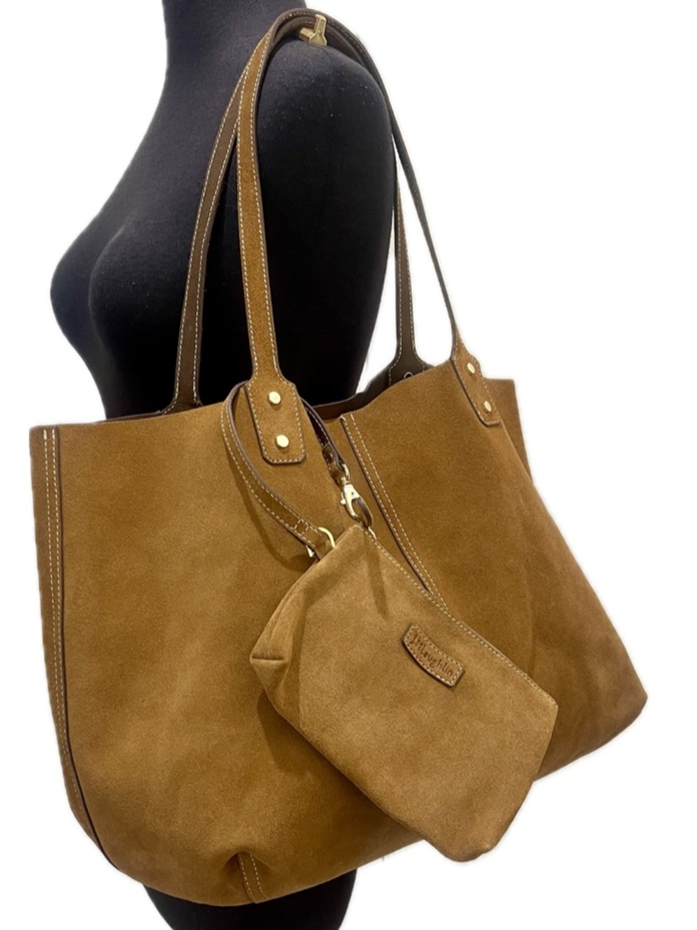 J McLaughlin Suede Tote Bag with Removable Pouch - Camel Brown